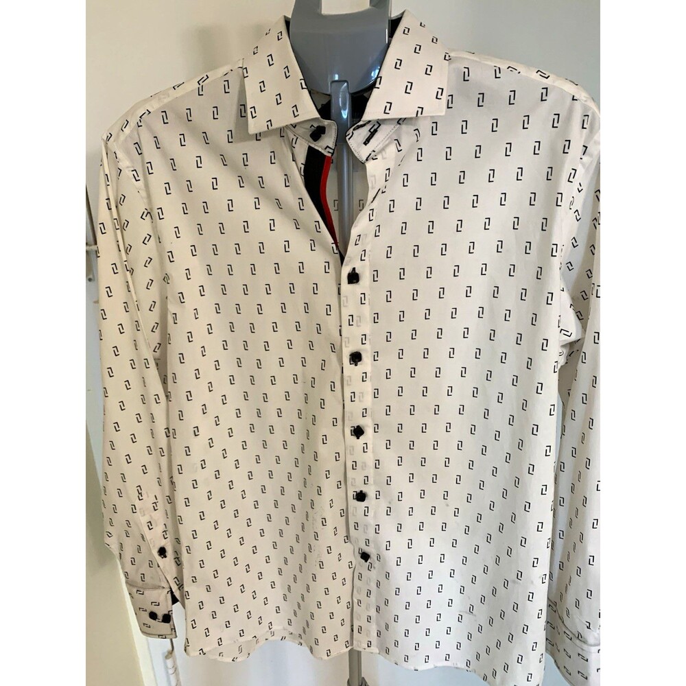 BESPOKE Mens Dress Shirt L White Black Geometric Regular Fit Long Sleeve Spread